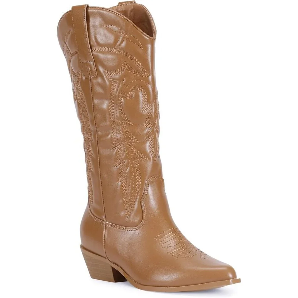 Women's Tan Pointy Toe Cowgirl Chunky Heel Boot Mid Calf Ladies Western Boots - Picture 5 of 5